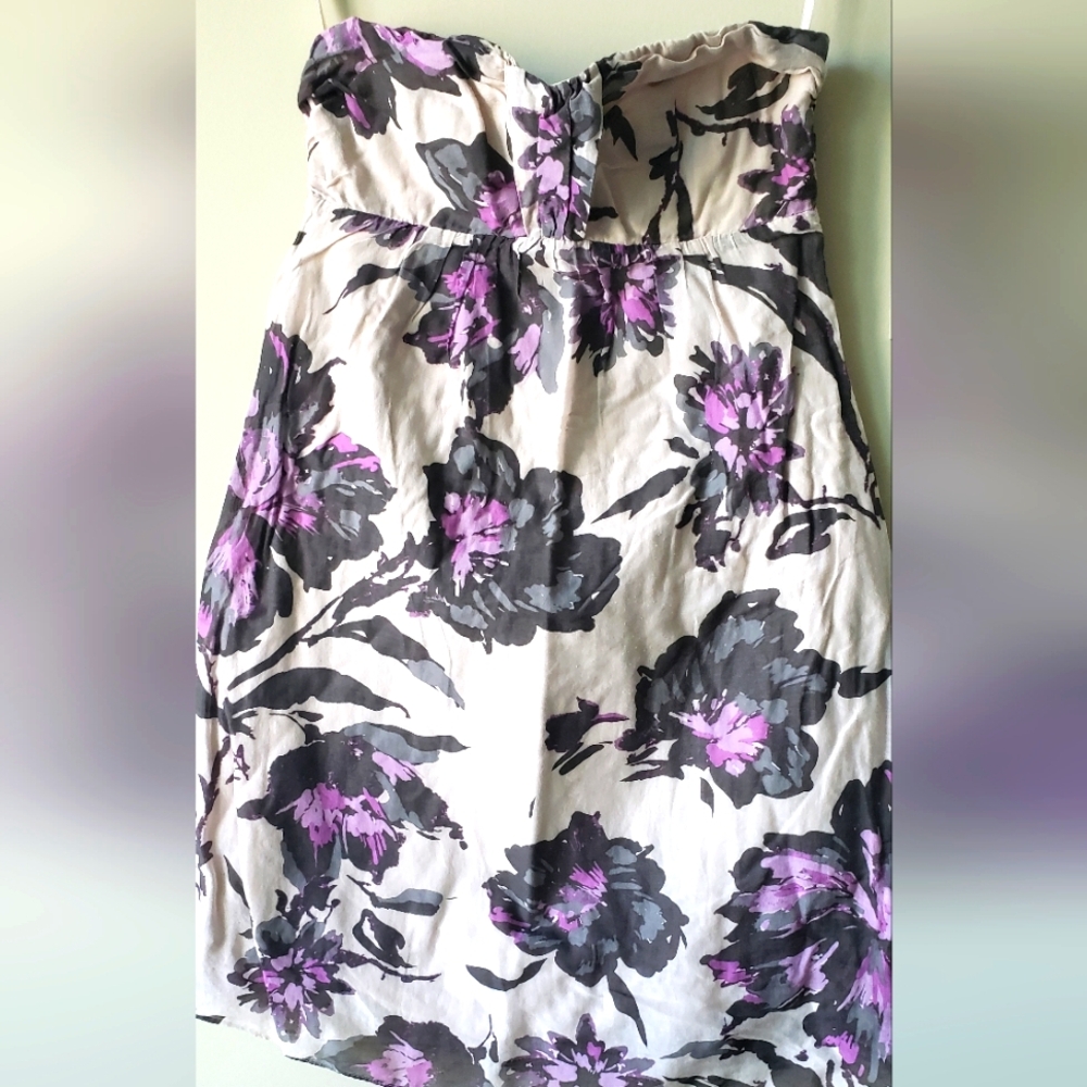 The Limited Strapless Dress in Cream With Purple and Black Floral Print - 6